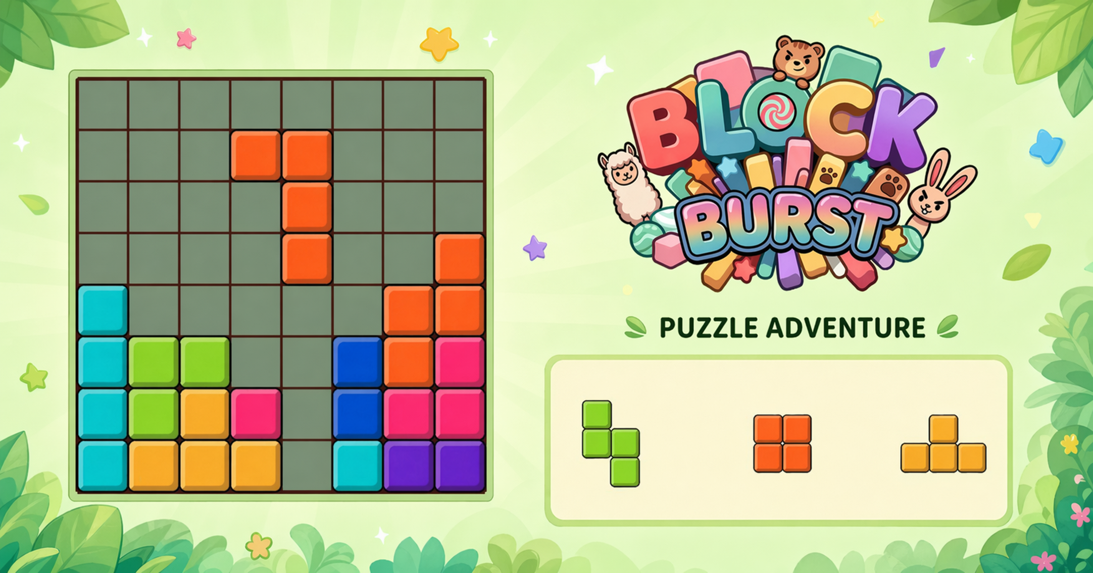Block Burst puzzle board with colorful block pieces and forest adventure artwork